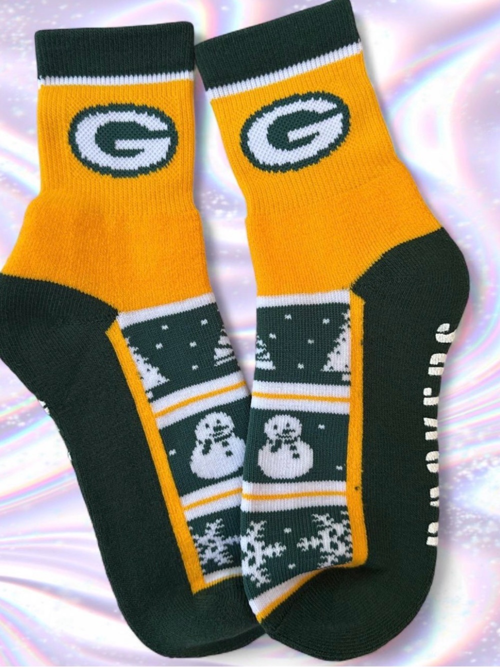Green Bay Packers Green & Gold Team Logo Holiday Snowman Crew Socks - Men
